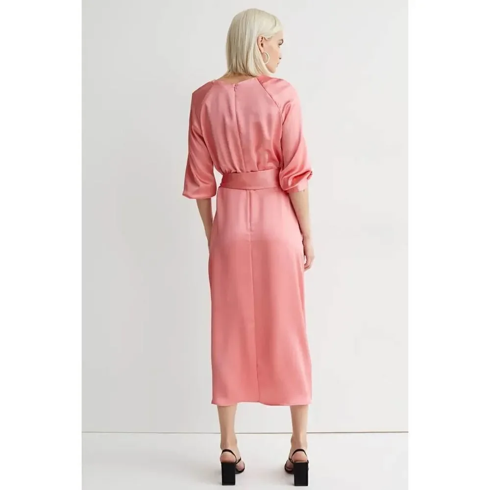 H&M Satin Coral Belted Dress New